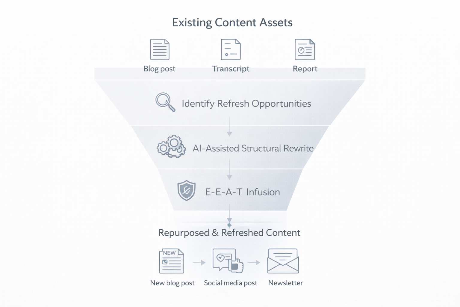 A clean, modern funnel diagram showing the content lifecycle. At the top (wide): 'Existing Content Assets' (icons for blog posts, transcripts, reports). Middle stages: 'Identify Refresh Opportunities,' 'AI-Assisted Structural Rewrite (with Rephrazo-ai icon),' 'E-E-A-T Infusion.' Bottom (narrow): 'Repurposed & Refreshed Content' (icons for new blog posts, social media updates, newsletters).